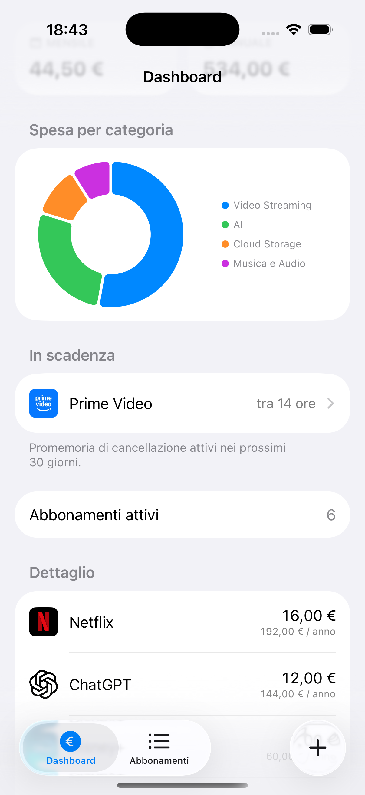 Grafico della spesa per categoria e sezione abbonamenti in scadenza