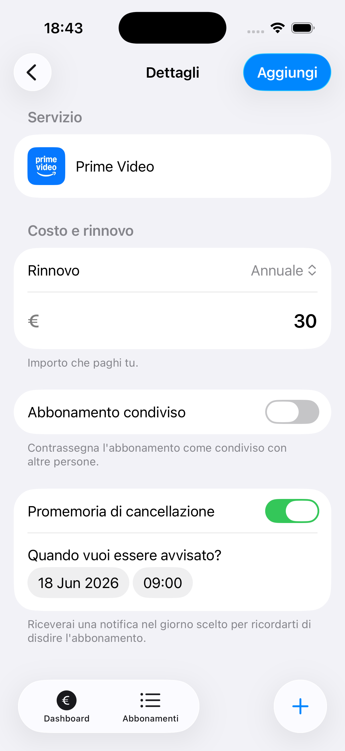 Dettaglio di un abbonamento con promemoria di cancellazione